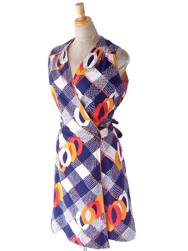 ヨーロッパ古着 60年代フランス製 ネイビー X オレンジ ヴィンテージ 巻きワンピース 23FC120
