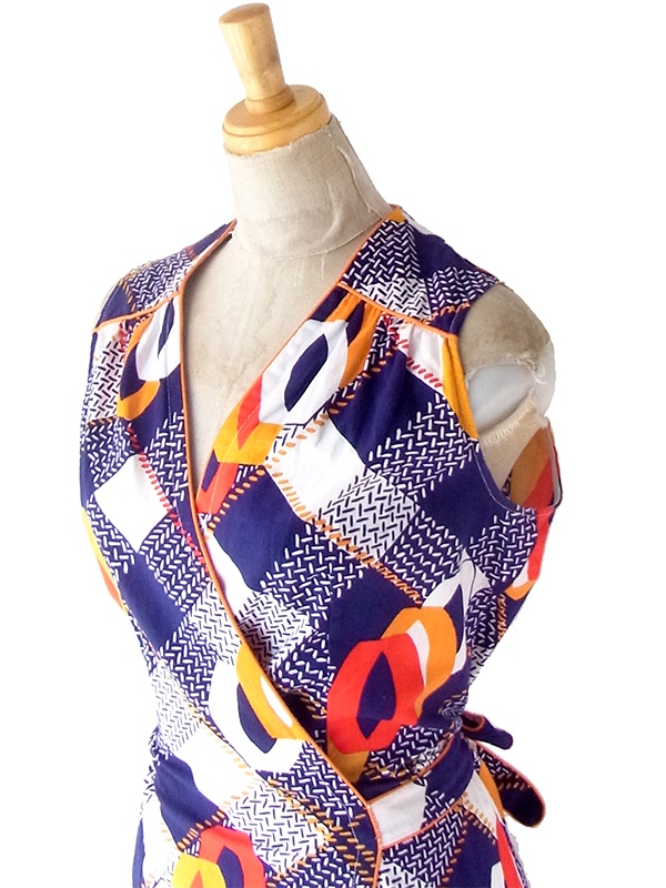 ヨーロッパ古着 60年代フランス製 ネイビー X オレンジ ヴィンテージ 巻きワンピース 23FC120