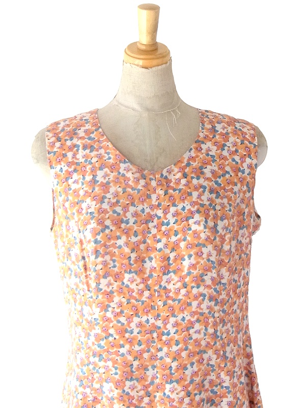 ヨーロッパ古着 フランス買い付け 70年代製 オレンジ X ブルー・ピンク 小花柄 ヴィンテージ ワンピース 23FC121
