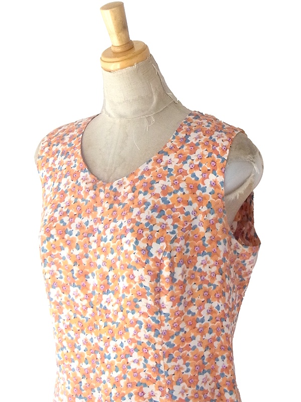 ヨーロッパ古着 フランス買い付け 70年代製 オレンジ X ブルー・ピンク 小花柄 ヴィンテージ ワンピース 23FC121