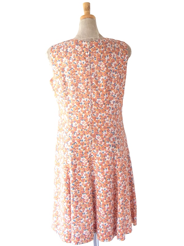 ヨーロッパ古着 フランス買い付け 70年代製 オレンジ X ブルー・ピンク 小花柄 ヴィンテージ ワンピース 23FC121