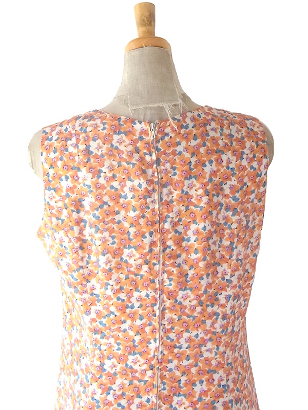 ヨーロッパ古着 フランス買い付け 70年代製 オレンジ X ブルー・ピンク 小花柄 ヴィンテージ ワンピース 23FC121