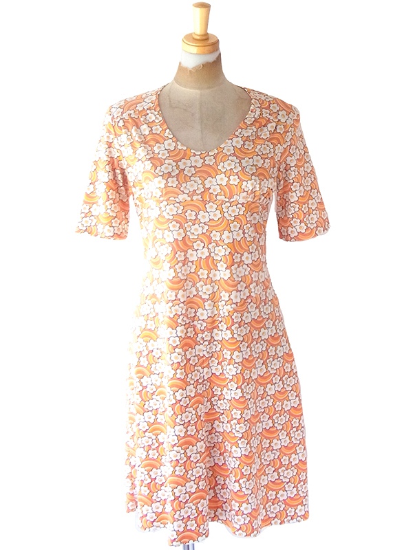 ヨーロッパ古着 70年代フランス製 オレンジ X イエロー・ホワイト レトロ花柄 ヴィンテージ ワンピース 23FC124