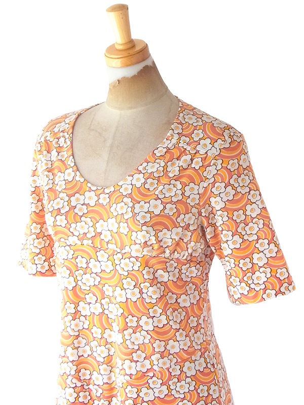 ヨーロッパ古着 70年代フランス製 オレンジ X イエロー・ホワイト レトロ花柄 ヴィンテージ ワンピース 23FC124