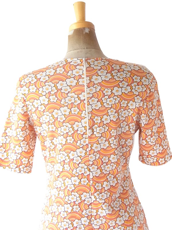 ヨーロッパ古着 70年代フランス製 オレンジ X イエロー・ホワイト レトロ花柄 ヴィンテージ ワンピース 23FC124