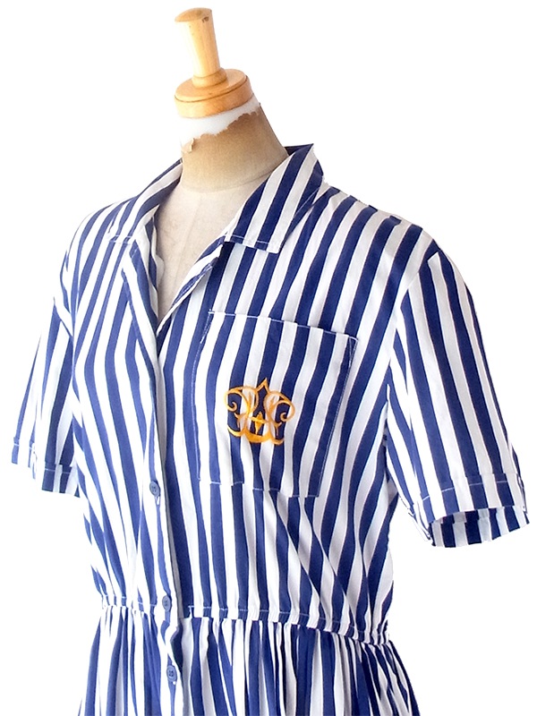 ヨーロッパ古着 フランス買い付け 60年代製 ブルー X ホワイト ストライプ ヴィンテージ ワンピース 23FC128