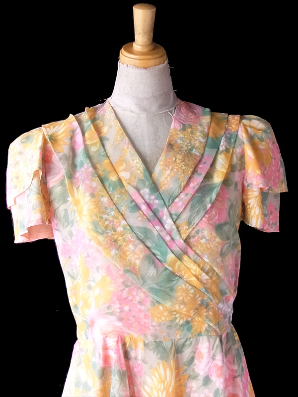 ヨーロッパ古着 フランス買い付け 70年代製 絵画のような花柄プリント カシュクール ワンピース 23FC129