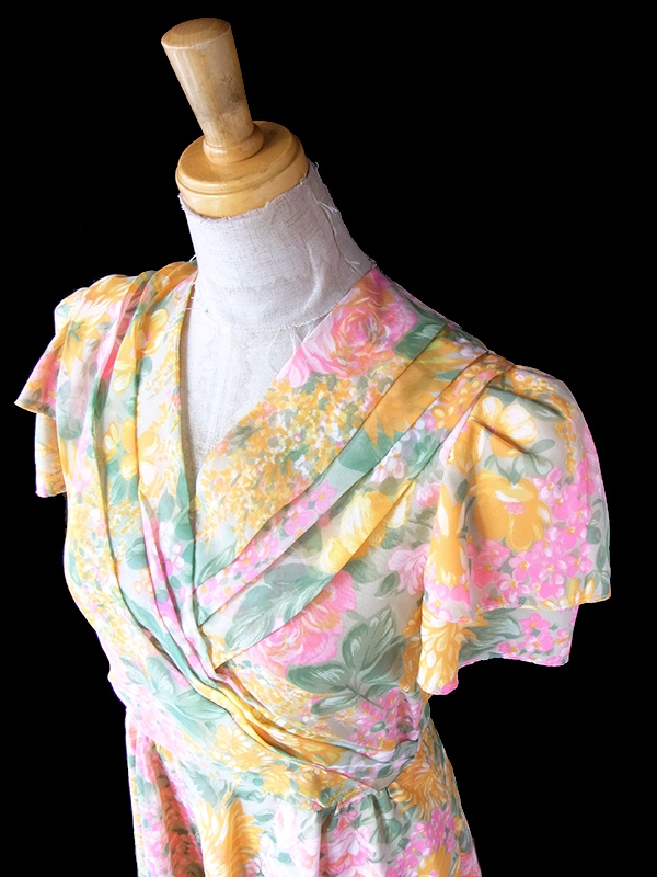 ヨーロッパ古着 フランス買い付け 70年代製 絵画のような花柄プリント カシュクール ワンピース 23FC129