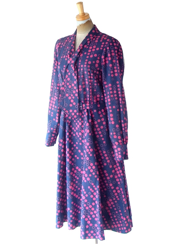 ヨーロッパ古着 フランス買い付け 60年代製 ネイビー X レッド 水玉 共布ベルト付き ヴィンテージ ワンピース 23FC309