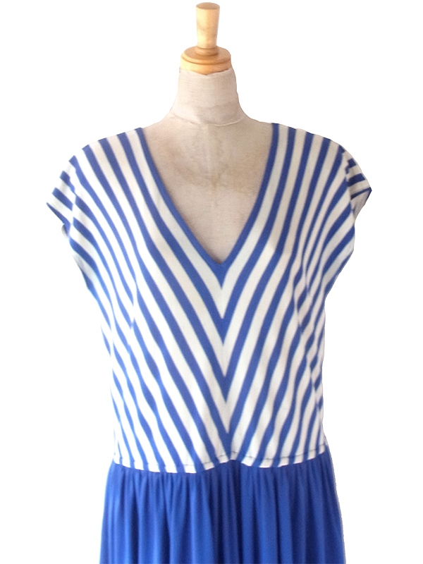 ヨーロッパ古着 フランス買い付け 70年代製 ブルー X ホワイト バイアス柄 ヴィンテージ ワンピース 24FC004