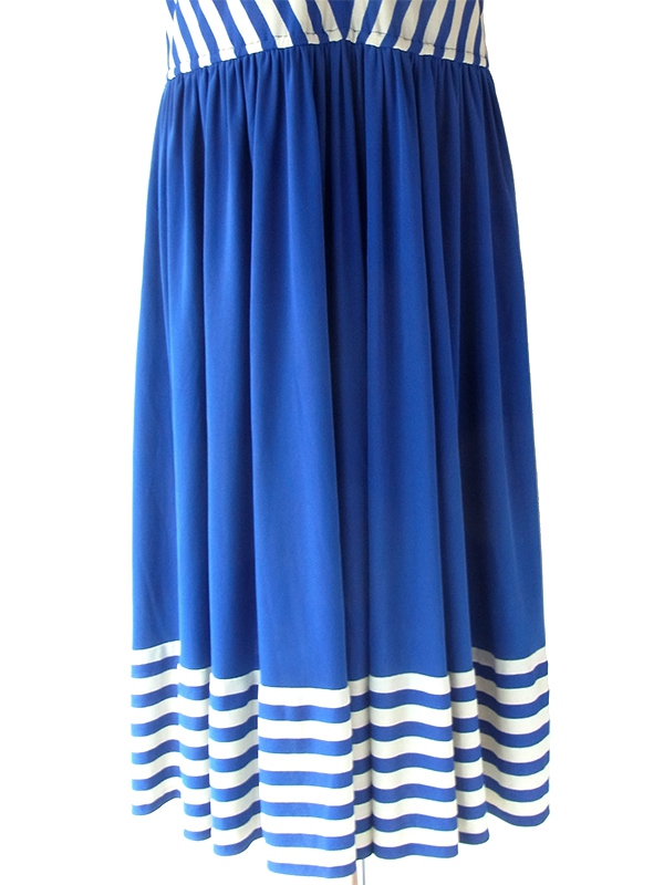 ヨーロッパ古着 フランス買い付け 70年代製 ブルー X ホワイト バイアス柄 ヴィンテージ ワンピース 24FC004