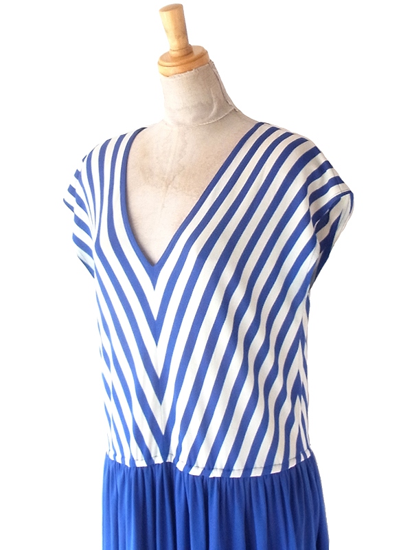 ヨーロッパ古着 フランス買い付け 70年代製 ブルー X ホワイト バイアス柄 ヴィンテージ ワンピース 24FC004