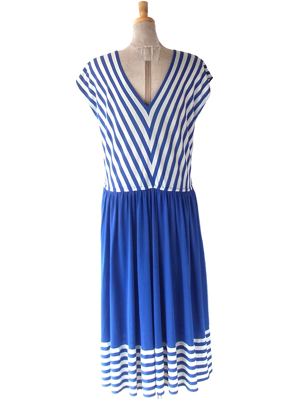 ヨーロッパ古着 フランス買い付け 70年代製 ブルー X ホワイト バイアス柄 ヴィンテージ ワンピース 24FC004