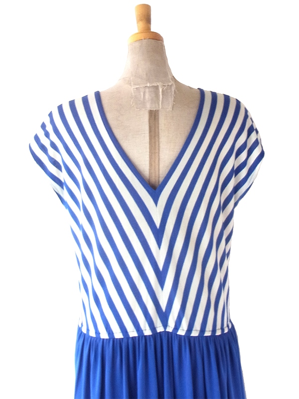 ヨーロッパ古着 フランス買い付け 70年代製 ブルー X ホワイト バイアス柄 ヴィンテージ ワンピース 24FC004