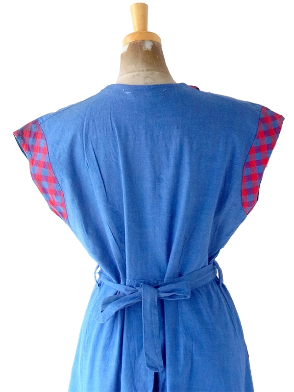 ヨーロッパ古着 フランス買い付け 60年代製 インディゴブルー X レッド マドラスチェック 共布ベルト付き ワンピース 24FC007