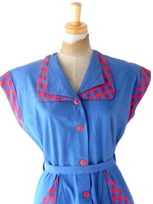 ヨーロッパ古着 フランス買い付け 60年代製 インディゴブルー X レッド マドラスチェック 共布ベルト付き ワンピース 24FC007