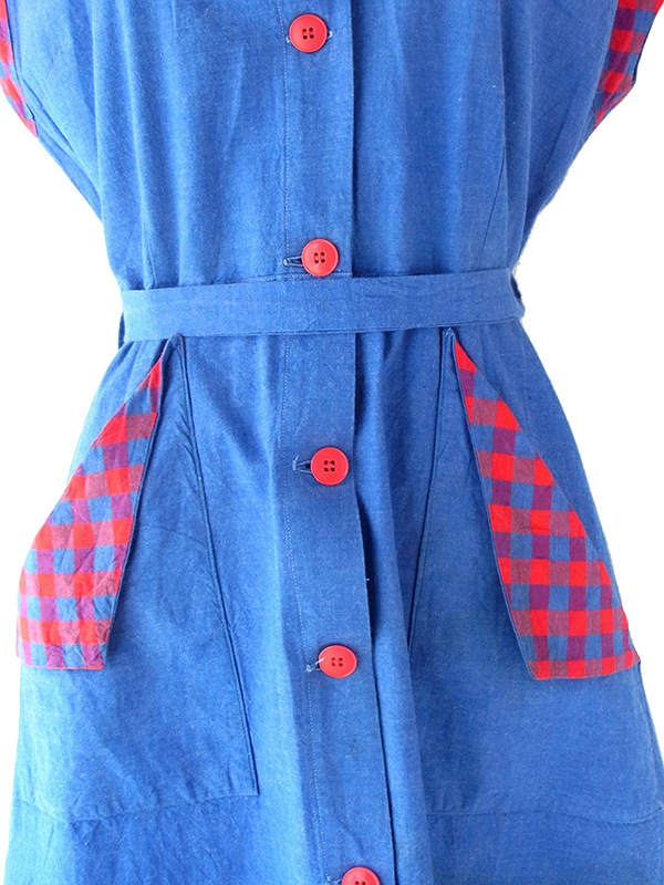 ヨーロッパ古着 フランス買い付け 60年代製 インディゴブルー X レッド マドラスチェック 共布ベルト付き ワンピース 24FC007