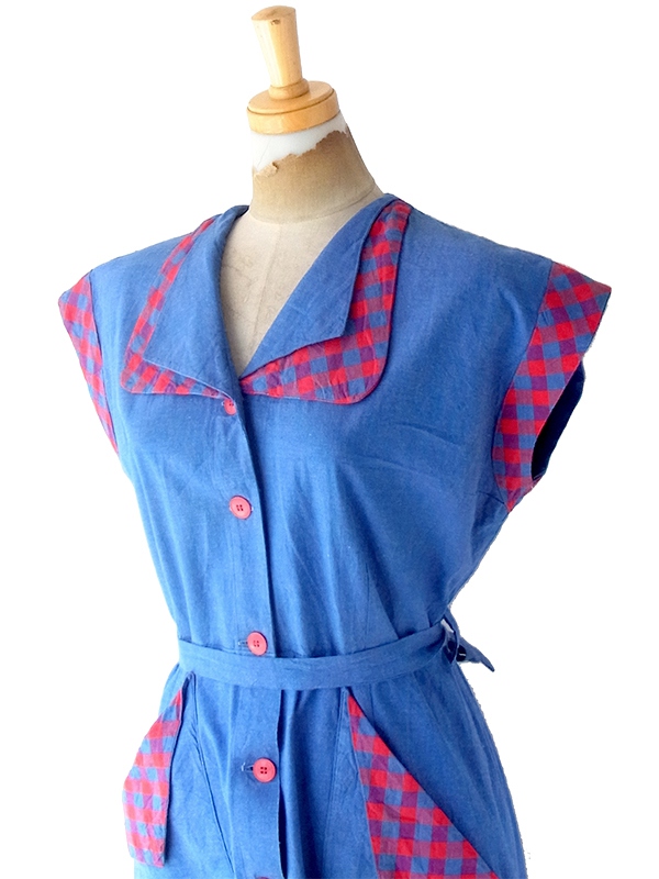 ヨーロッパ古着 フランス買い付け 60年代製 インディゴブルー X レッド マドラスチェック 共布ベルト付き ワンピース 24FC007