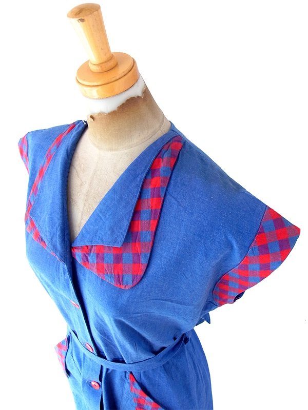 ヨーロッパ古着 フランス買い付け 60年代製 インディゴブルー X レッド マドラスチェック 共布ベルト付き ワンピース 24FC007