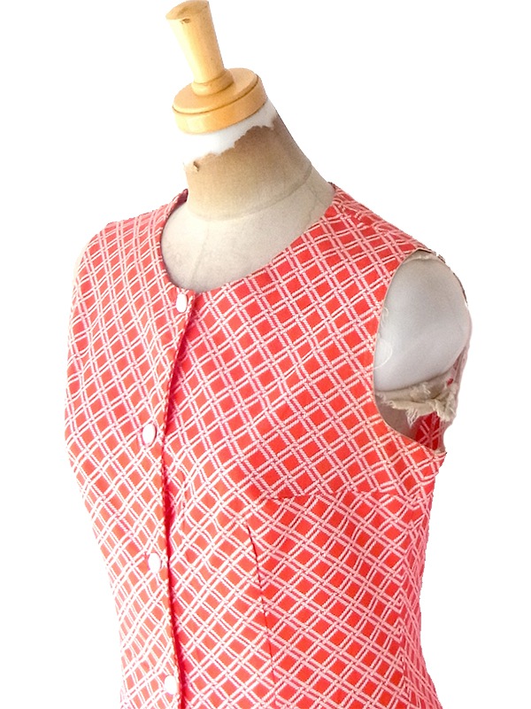 ヨーロッパ古着 フランス買い付け 60年代製 レッド X ホワイト ロープ柄 ヴィンテージ ワンピース 24FC012