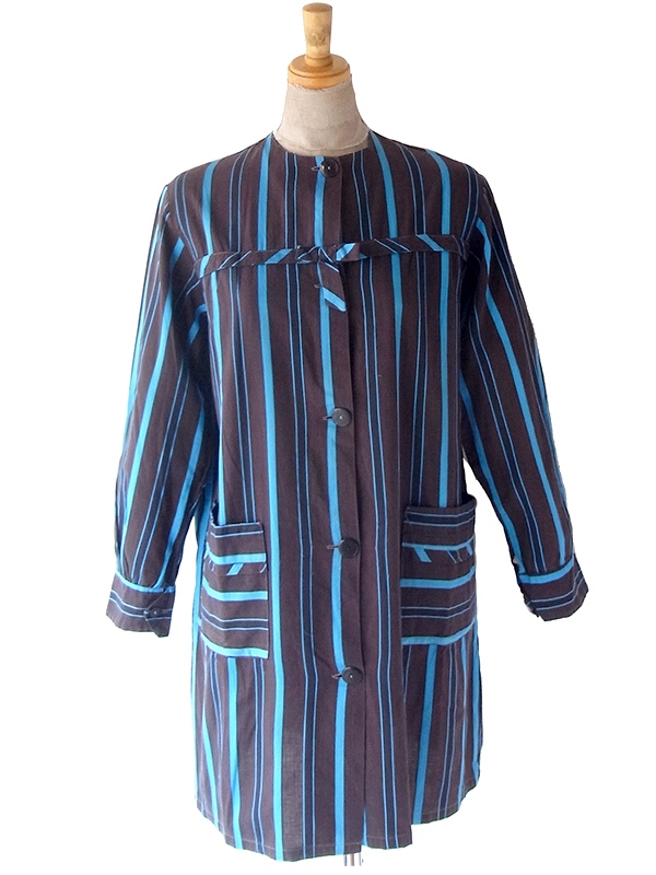 ヨーロッパ古着 フランス買い付け 60年代製 ブラウン X 水色 ストライプ 胸元リボン シャツ ワンピース 24FC014