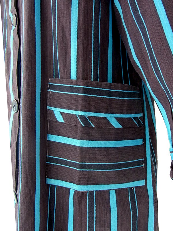 ヨーロッパ古着 フランス買い付け 60年代製 ブラウン X 水色 ストライプ 胸元リボン シャツ ワンピース 24FC014