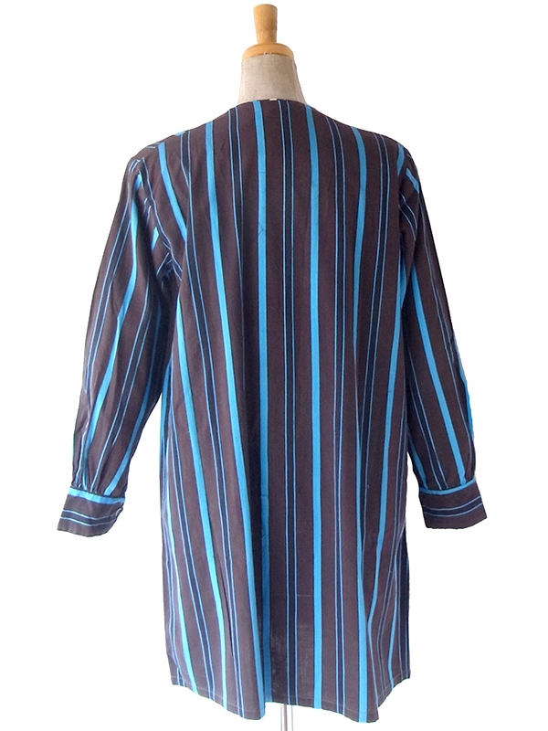 ヨーロッパ古着 フランス買い付け 60年代製 ブラウン X 水色 ストライプ 胸元リボン シャツ ワンピース 24FC014
