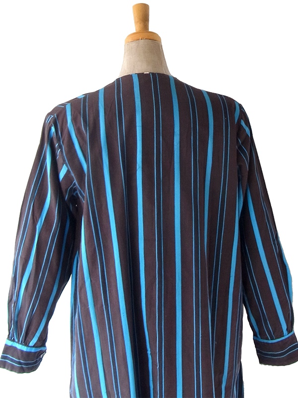 ヨーロッパ古着 フランス買い付け 60年代製 ブラウン X 水色 ストライプ 胸元リボン シャツ ワンピース 24FC014