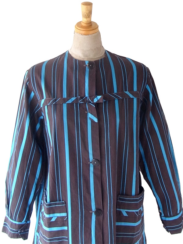 ヨーロッパ古着 フランス買い付け 60年代製 ブラウン X 水色 ストライプ 胸元リボン シャツ ワンピース 24FC014