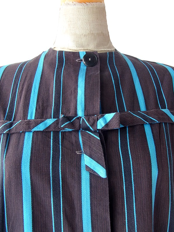 ヨーロッパ古着 フランス買い付け 60年代製 ブラウン X 水色 ストライプ 胸元リボン シャツ ワンピース 24FC014