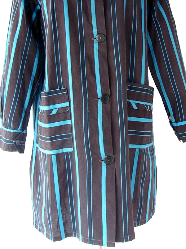 ヨーロッパ古着 フランス買い付け 60年代製 ブラウン X 水色 ストライプ 胸元リボン シャツ ワンピース 24FC014