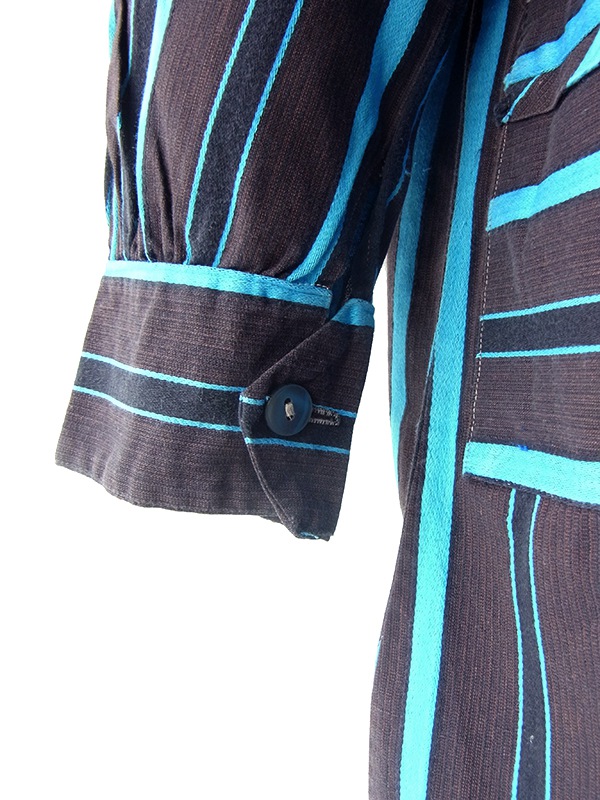 ヨーロッパ古着 フランス買い付け 60年代製 ブラウン X 水色 ストライプ 胸元リボン シャツ ワンピース 24FC014