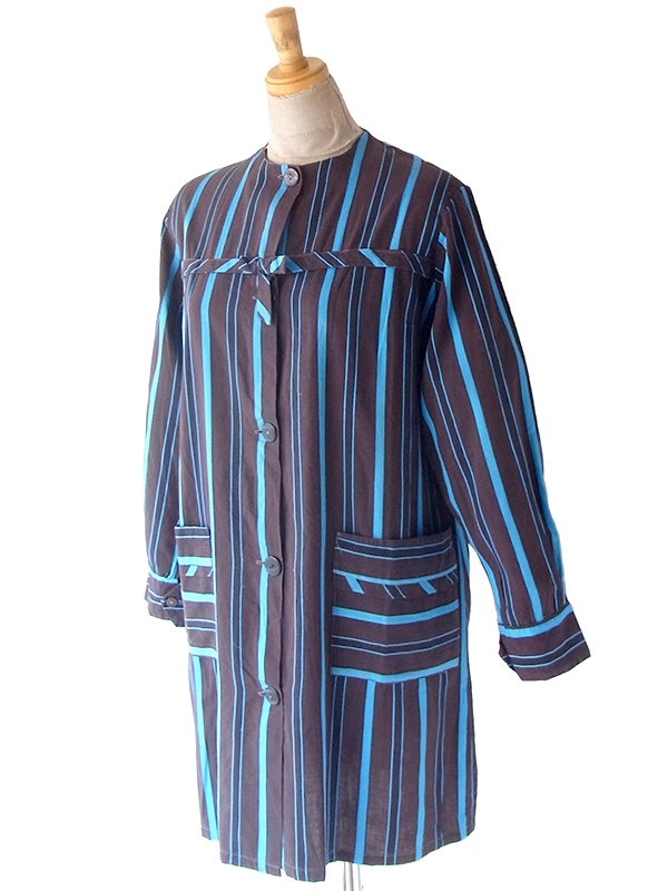 ヨーロッパ古着 フランス買い付け 60年代製 ブラウン X 水色 ストライプ 胸元リボン シャツ ワンピース 24FC014