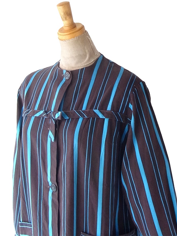 ヨーロッパ古着 フランス買い付け 60年代製 ブラウン X 水色 ストライプ 胸元リボン シャツ ワンピース 24FC014