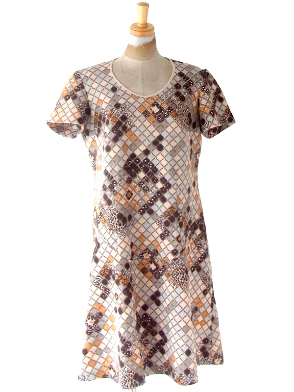 ヨーロッパ古着 フランス買い付け 70年代製 ベージュ X ブラウン・オレンジ 格子柄 ヴィンテージ ワンピース 24FC109