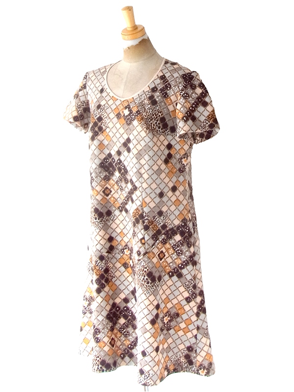 ヨーロッパ古着 フランス買い付け 70年代製 ベージュ X ブラウン・オレンジ 格子柄 ヴィンテージ ワンピース 24FC109