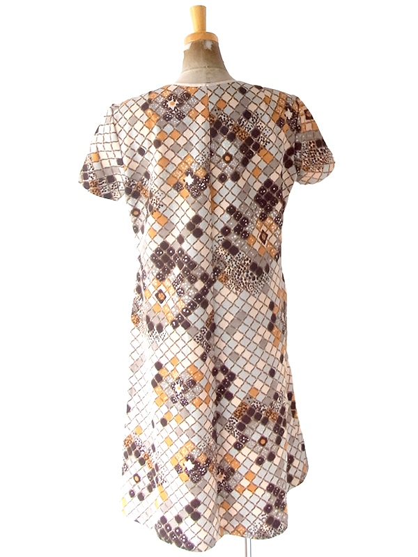 ヨーロッパ古着 フランス買い付け 70年代製 ベージュ X ブラウン・オレンジ 格子柄 ヴィンテージ ワンピース 24FC109