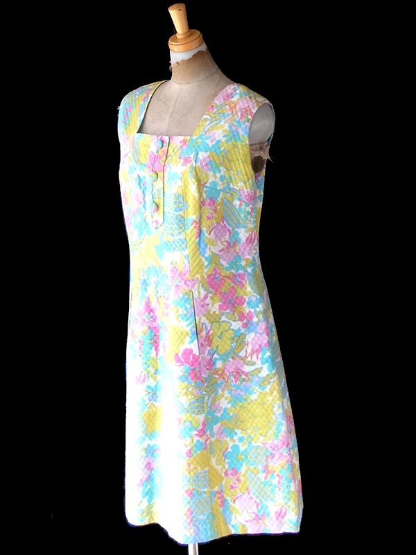 ヨーロッパ古着 フランス買い付け 60年代製 ホワイト X カラフル ボタニカル柄 ポケット付き ワンピース 24FC202