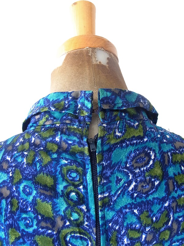 ヨーロッパ古着 フランス買い付け 70年代製 ブルー X グリーン レトロ柄 ヴィンテージ ワンピース 24FC203