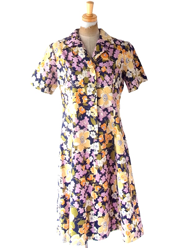 ヨーロッパ古着 フランス買い付け 60年代製 ネイビー X カラフル花柄 凹凸でパターンの浮かぶ生地 ワンピース 24FC207