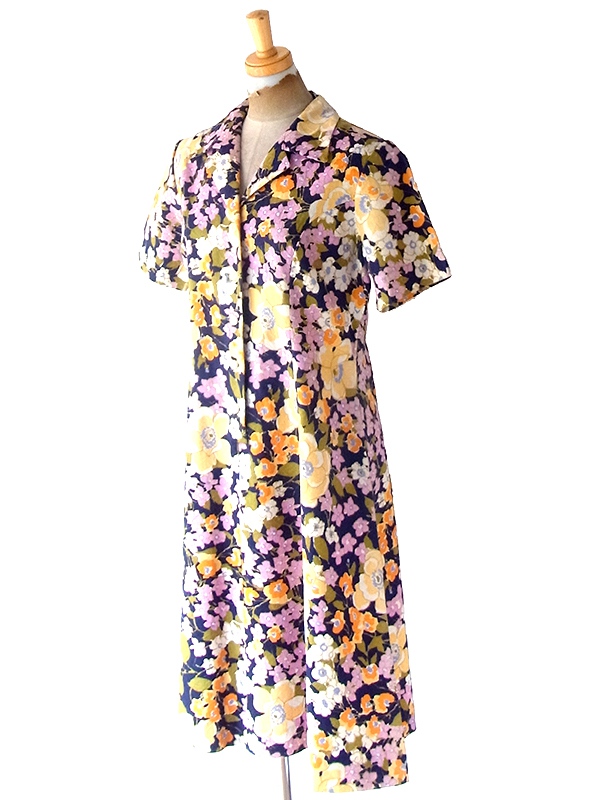 ヨーロッパ古着 フランス買い付け 60年代製 ネイビー X カラフル花柄 凹凸でパターンの浮かぶ生地 ワンピース 24FC207