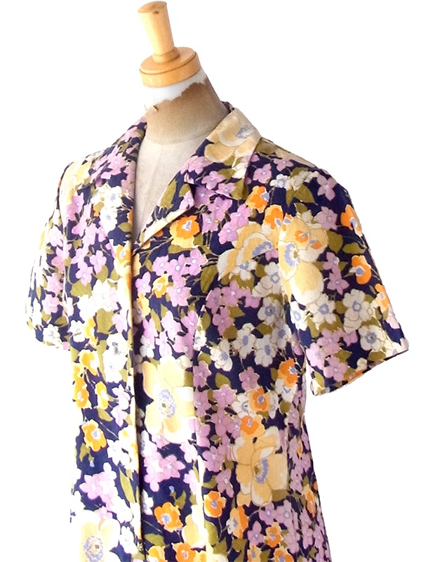 ヨーロッパ古着 フランス買い付け 60年代製 ネイビー X カラフル花柄 凹凸でパターンの浮かぶ生地 ワンピース 24FC207