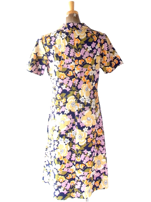 ヨーロッパ古着 フランス買い付け 60年代製 ネイビー X カラフル花柄 凹凸でパターンの浮かぶ生地 ワンピース 24FC207