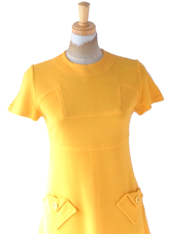 ヨーロッパ古着 ロンドン買い付け 70年代製 イエロー X シームデザイン ポケット付き ヴィンテージ ワンピース 24OM007