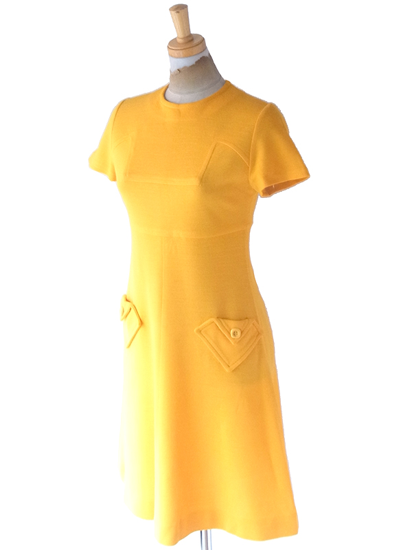 ヨーロッパ古着 ロンドン買い付け 70年代製 イエロー X シームデザイン ポケット付き ヴィンテージ ワンピース 24OM007