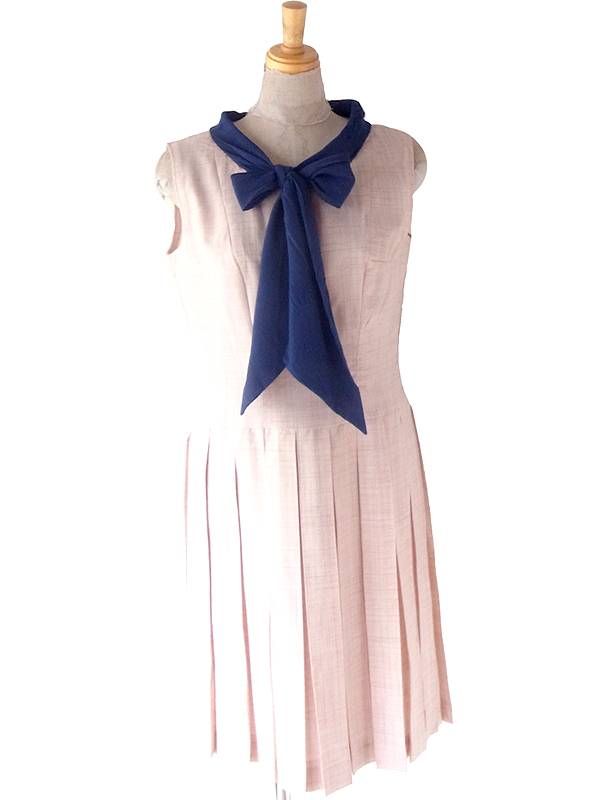 ヨーロッパ古着 ロンドン買い付け 70年代製 ピンク X チェック柄 ネイビー リボンタイ ヴィンテージ ワンピース 24OM021