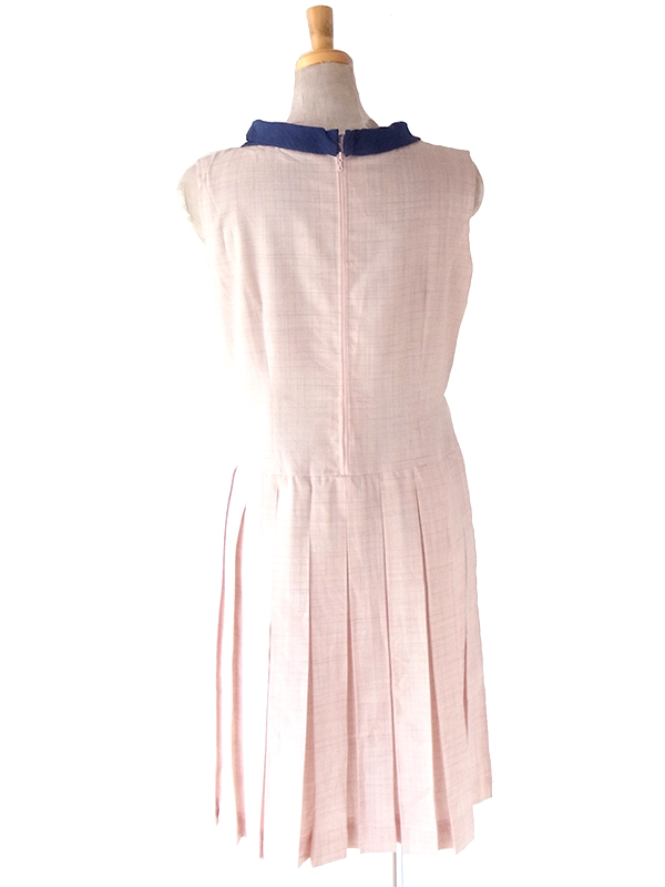 ヨーロッパ古着 ロンドン買い付け 70年代製 ピンク X チェック柄 ネイビー リボンタイ ヴィンテージ ワンピース 24OM021