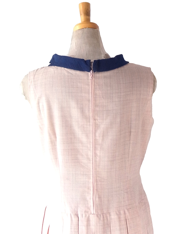 ヨーロッパ古着 ロンドン買い付け 70年代製 ピンク X チェック柄 ネイビー リボンタイ ヴィンテージ ワンピース 24OM021