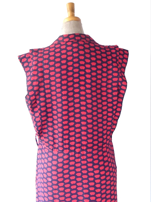 ヨーロッパ古着 70年代フランス製 ネイビー X レッド レトロ柄 ポケット付き ヴィンテージ ワンピース 24OM032