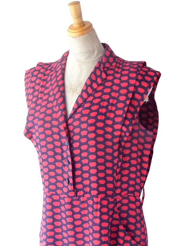70’sホワイト X レッド リーフ柄 ヴィンテージ プリーツ ワンピース M フランス製】70年代フランス製 ネイビー X レッド レトロ柄